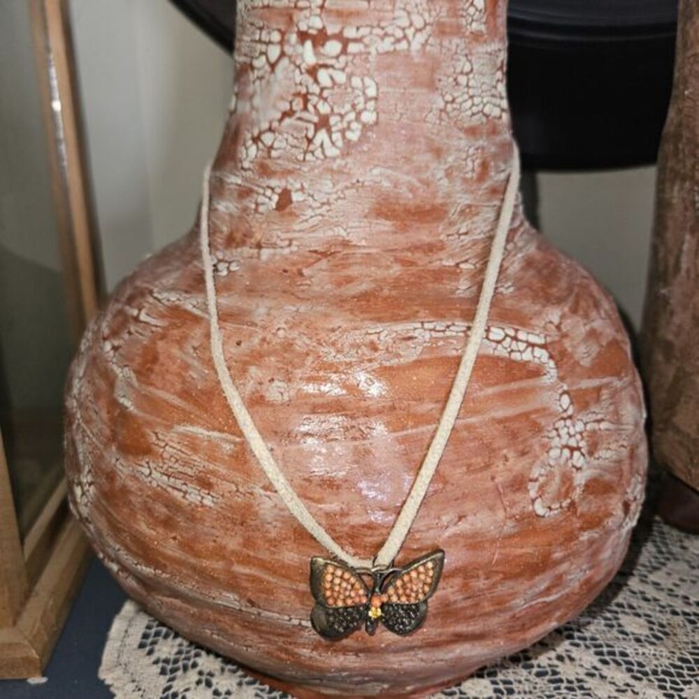 Vintage Costume Beaded Orange Brown Gold  Butterfly Necklace With‎ Leather Strap